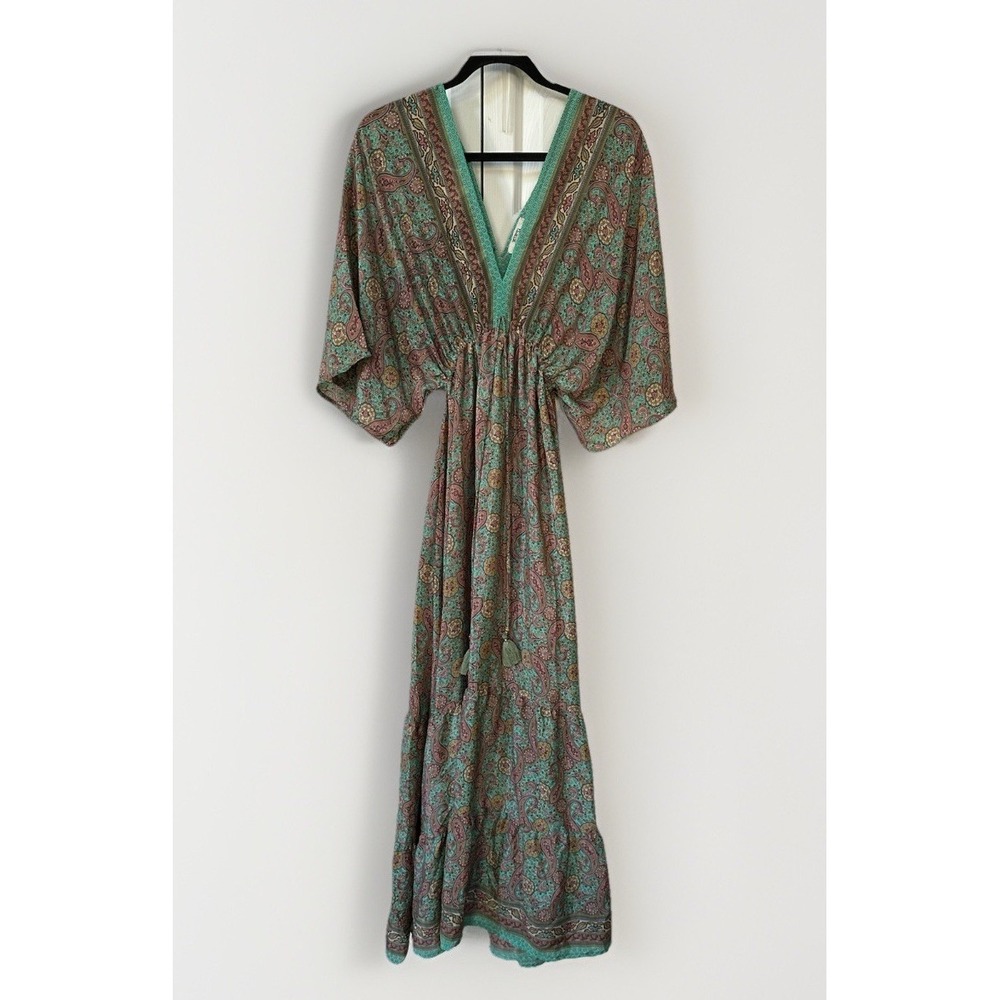 Zury Boho Paisley Maxi Dress Viscose Caftan Blush Pink Gold Stripe Free Size